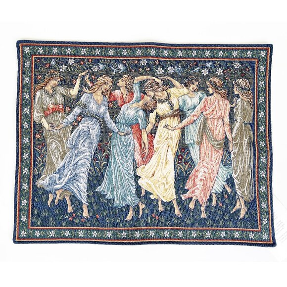 Vintage Antique 1800s Dancing Maidens Design Jacquard Woven Tapestry Wall Art - Picture 1 of 9